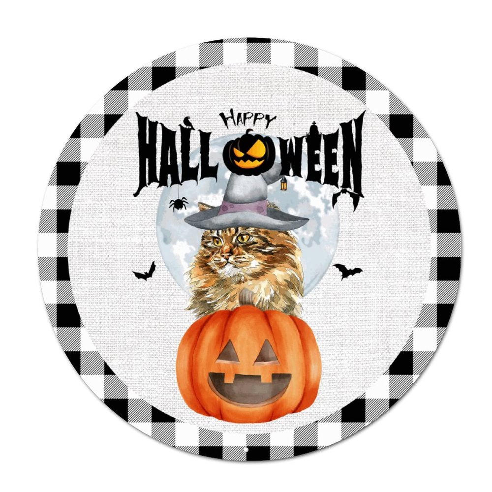 Bomehhjuli Welcome Sign Front Door Happy Halloween Pumpkin Wreath Round Metal Sign Witch Cat Bat Moon Metal Tin Sign Horror Ghost 9.2in Country Wall Decor Art for Library Cafe Living Room Kitchen