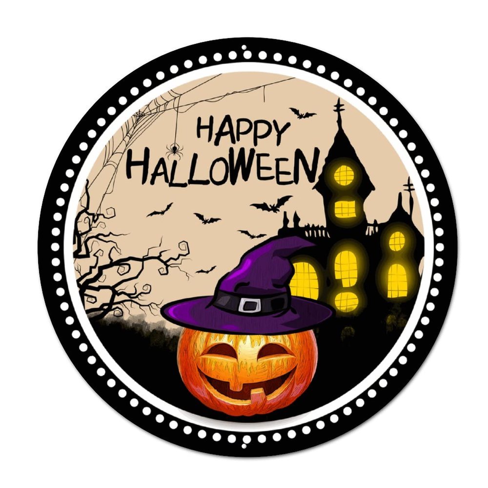 Bomehhjuli Welcome Sign for Wall Happy Halloween Pumpkin Castle Round Tin Sign Bat Metal Wall Scary Witch Windproof 9.2in Modern Wall Decor Art for Home Bar Coffee Man Cave Garage
