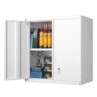 GREATMEET Locking Metal Wall Cabinet, Metal Storage Cabinet with 2 Shelves, Wall Mount Cabinet with Lock, Floating Garage Cabinets with Adjustable Shelf