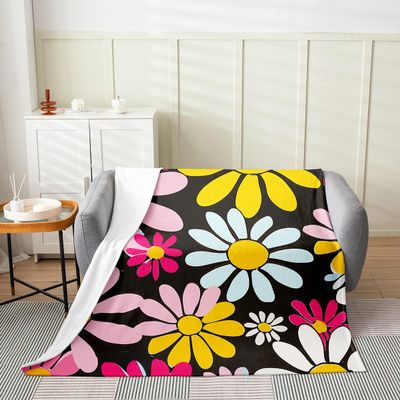 60s 70s Groovy Flower Throw Blanket for Sofa Queen,Hippie Funky Flower Fleece Blanket for Kids Boys Girls,Rainbow Vintage Floral Fuzzy Blanket,Bohemia Cartoon Art Flannel Blanket Living Room Decor
