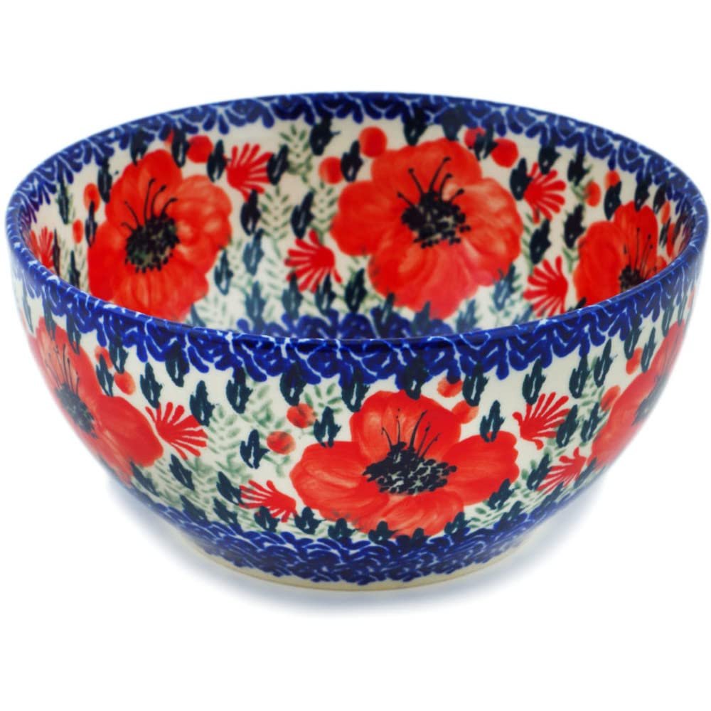 Polmedia Polish Pottery Bowl 6-inch - Lone Poppy Pattern Handmade in Boleslawiec Poland by Ceramika Bona + Certificate of Authenticity