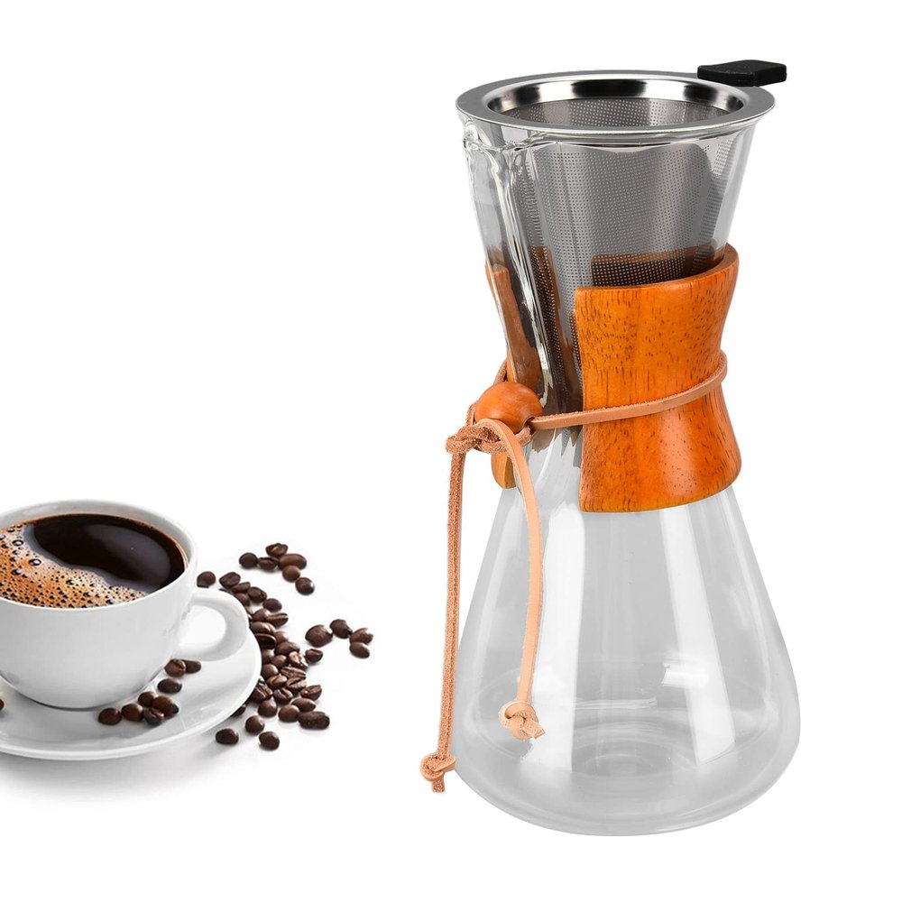 Septpenta 550Ml Pour Over Coffee Make, Coffee Dripper, with Stainless Steel Filter, Metal Bore and Mesh Microfilter, Reusable Bamboo Plate Coffee Pot for Coffee Lovers