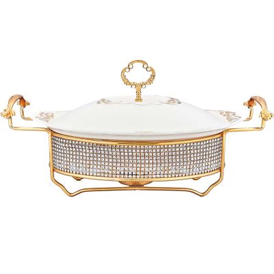 JYHCD Ceramics Chafing Dishes 1 Quart Oval Chafers and Buffet Warmers Sets, Food Pan, Rhinestone Fuel Holder and Ceramics Lid for Buffet, Weddings, Parties, Christmas,White