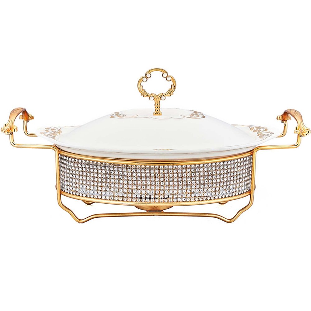 JYHCD Ceramics Chafing Dishes 1 Quart Oval Chafers and Buffet Warmers Sets, Food Pan, Rhinestone Fuel Holder and Ceramics Lid for Buffet, Weddings, Parties, Christmas,White