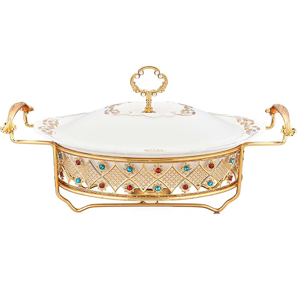 JYHCD Ceramics Chafing Dishes 1 Quart Oval Chafers and Buffet Warmers Sets, Food Pan, Rhinestone Fuel Holder and Ceramics Lid for Buffet, Weddings, Parties, Christmas,Multi Colored