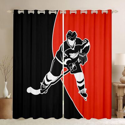 Feelyou Hockey Player Darkening Dreapes Ice Hockey Curtains for Bedroom Living Room Ice Sports Games Blue Blackout Curtains Decor Puck Hockey Black Red Window Treatments (2 Panels 52 x 63 Inch)