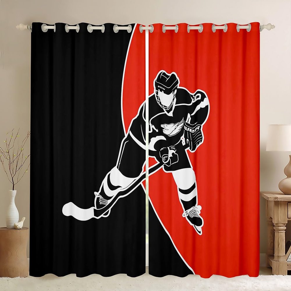 Feelyou Hockey Player Darkening Dreapes Ice Hockey Curtains for Bedroom Living Room Ice Sports Games Blue Blackout Curtains Decor Puck Hockey Black Red Window Treatments (2 Panels 52 x 63 Inch)