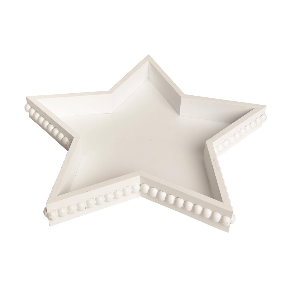 Transpac Transpac Wood 15.25 in. White Christmas Beaded Edge Star Shaped Tray White