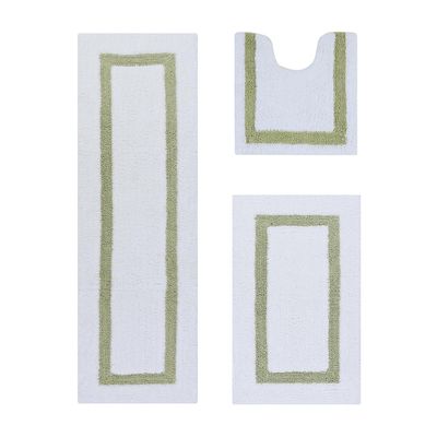 Better Trends 100% Cotton Hotel Collection Bath Mats Set, White & Sage Mats - Tufted, Reversible & Absorbent & Machine Washable 3 Piece Bathroom Rug Set, Toilet Base, Runner for Tub, Shower