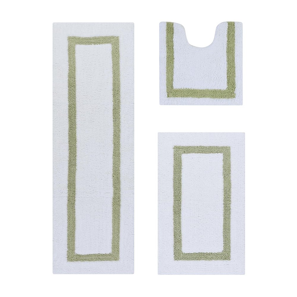 Better Trends 100% Cotton Hotel Collection Bath Mats Set, White & Sage Mats - Tufted, Reversible & Absorbent & Machine Washable 3 Piece Bathroom Rug Set, Toilet Base, Runner for Tub, Shower
