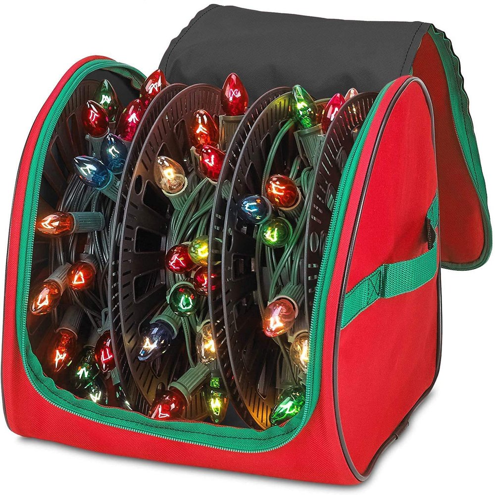 HOLDN STORAGE Premium Christmas Light Storage Bag  Heavy Duty Tear Proof 600D/Inside PVC Material with Reinforced Handles - 3 Reels Stores up to 375 Ft of Mini Tree Lights & Extension Cords Red