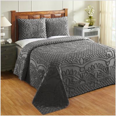 Better Trends Chenille Bedspreads Full/Double Size, Charcoal Gray 100% Cotton Chenille Medallion Design Tufted Bedding Coverlet Soft Lightweight, 96"x110" with 2 Sham, 3 Pieces Set Trevor Collection