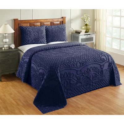 Better Trends Chenille Bedspreads Full/Double Size, Navy Blue 100% Cotton Chenille Medallion Design Tufted Bedding Coverlet Soft Lightweight, 96"x110" with 2 Sham, 3 Pieces Set Trevor Collection