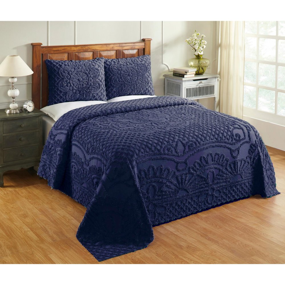 Better Trends Chenille Bedspreads Full/Double Size, Navy Blue 100% Cotton Chenille Medallion Design Tufted Bedding Coverlet Soft Lightweight, 96"x110" with 2 Sham, 3 Pieces Set Trevor Collection