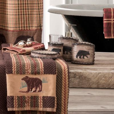 Paseo Road Lodge Bear 5 Piece Bathroom Set with Soap Lotion Dispenser, Tumbler, Toothbrush Holder, Soap Dish, Waste Basket, Rustic Cabin Lodge Style
