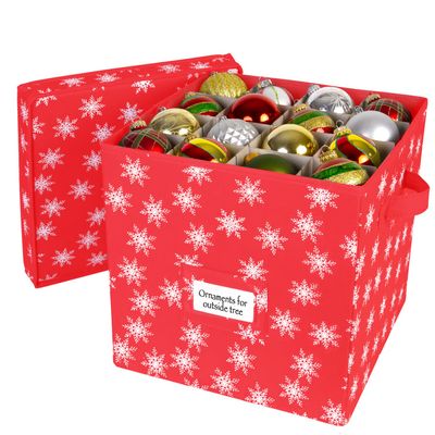 HOLDN STORAGE Christmas Ornament Storage Box with Lid - Christmas Decor Storage Containers that Store up to 64 Holiday Ornaments - Red/White Snowflakes