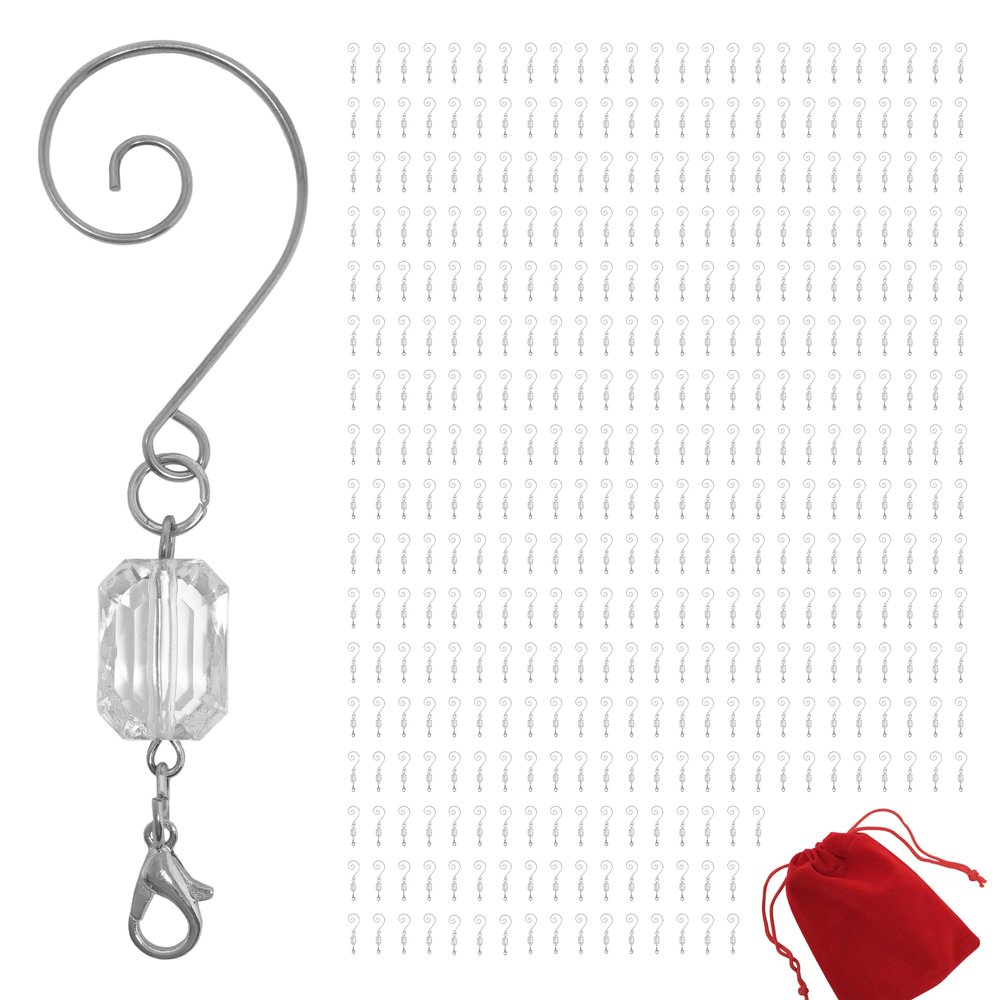 BANBERRY DESIGNS Christmas Ornament Hooks - Clear Acrylic Silver Wire Ornament Hooks -Pack of 400 - Each Hanger Measures 3".
