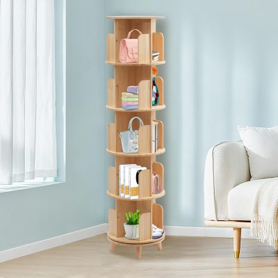 AKaSping 5 Tier Rotating Bookshelf Wood Rustic Tall Corner Bookshelf Organizer Baby Kids Bookshelf Vintage Storage Shelf Display Rack for Bedroom Living Room Office Bookstore Book Bar