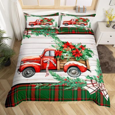 Christmas Kids Bedding Set Christmas Tree Racing Car Duvet Cover for Boys Children Teens Bedroom Decor Snowflake Xmas Theme Comforter Cover Set New Year Bedspread Cover King Size with 2 Pillow Case