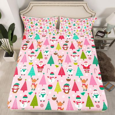 Christmas Fitted Sheet for Kids Boys Girls Cute Santa Claus Deer Bedding Set Pink Christmas Tree Bed Sheet Set Bedroom Decor Kawaii Xmas Theme Bed Cover Queen Size 3Pcs