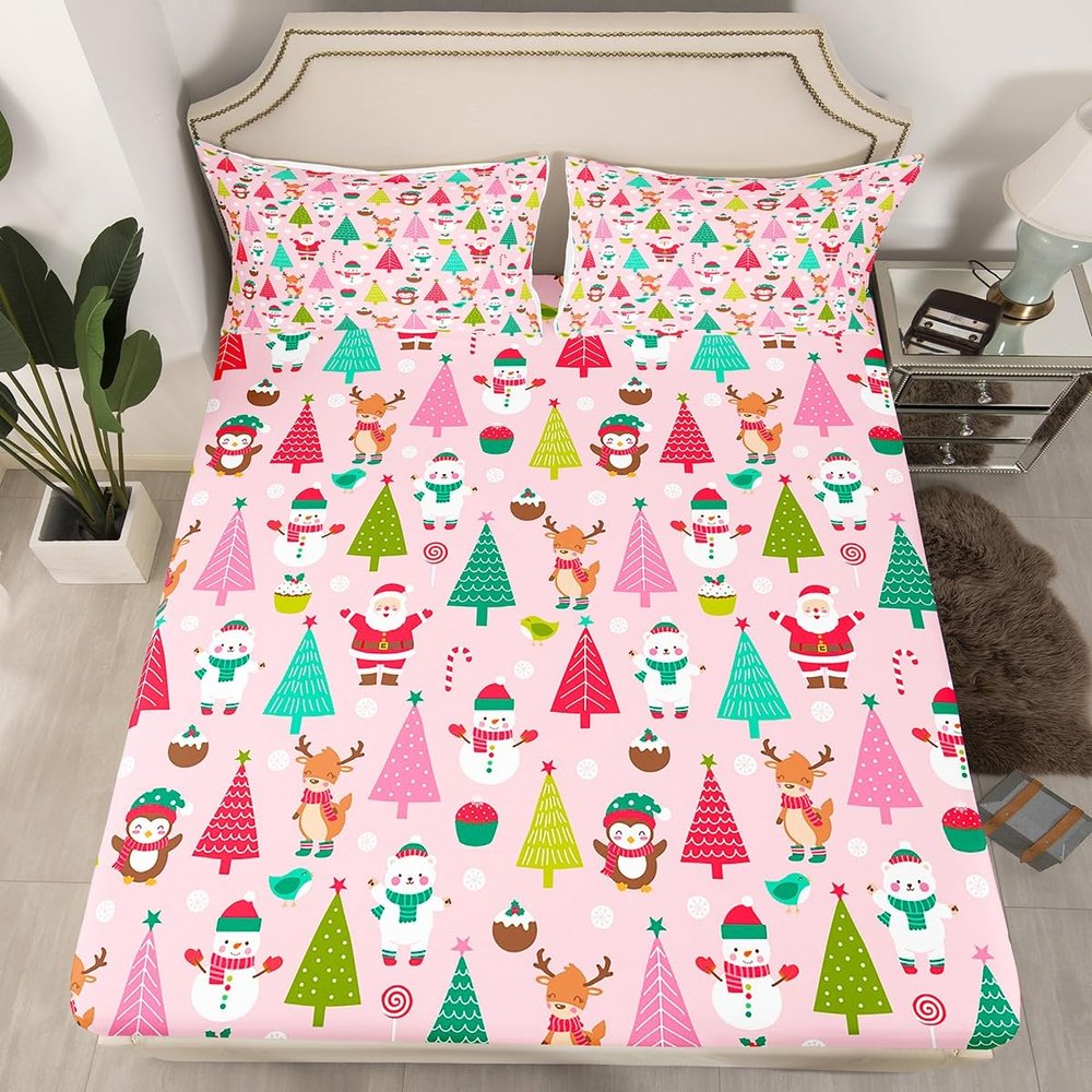 Christmas Fitted Sheet for Kids Boys Girls Cute Santa Claus Deer Bedding Set Pink Christmas Tree Bed Sheet Set Bedroom Decor Kawaii Xmas Theme Bed Cover Queen Size 3Pcs