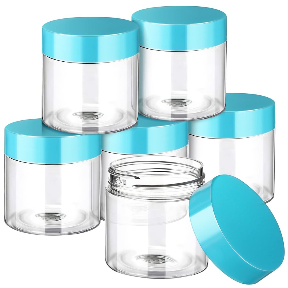 SATINIOR 6 Pack 2 oz Plastic Jars Containers with Lids Wide-mouth Refillable Leakproof Reusable Round Empty Jars for Travel Cosmetic Dry Food Spice Candy Cookie Home Kitchen Organizing(Blue)