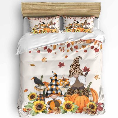 3 Pieces Duvet Cover Queen Bedding Sets Autumn Thanksgiving Gnome Pumpkin Sunflowers Luxury Soft Comforter Cover with Pillowcases Farm Fall Leaves Microfiber Quilt Covers Set for Bedroom Decor
