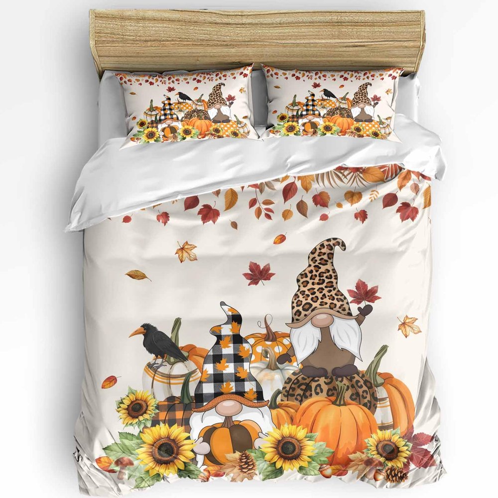 3 Pieces Duvet Cover Queen Bedding Sets Autumn Thanksgiving Gnome Pumpkin Sunflowers Luxury Soft Comforter Cover with Pillowcases Farm Fall Leaves Microfiber Quilt Covers Set for Bedroom Decor
