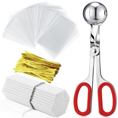 Yinkin Cake Pop Mold Sticks and Wrappers Cake Pop Kit Set Include 100 Parcel Bags 100 Papery Treat Sticks Metallic Twist Ties Scooper Ball Maker Lollipop Tools for Candy Chocolates and Cookies(Red)