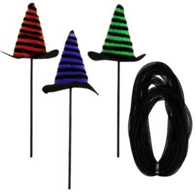 KRE Green, Orange, Purple Halloween Hat Picks 3 Counts and Black Decorative Mesh Tube 36 Feet for Halloween Flower Pot Wreath Fall Decoration Crafting DIY Arts Material Supplies Holiday Pack of 4