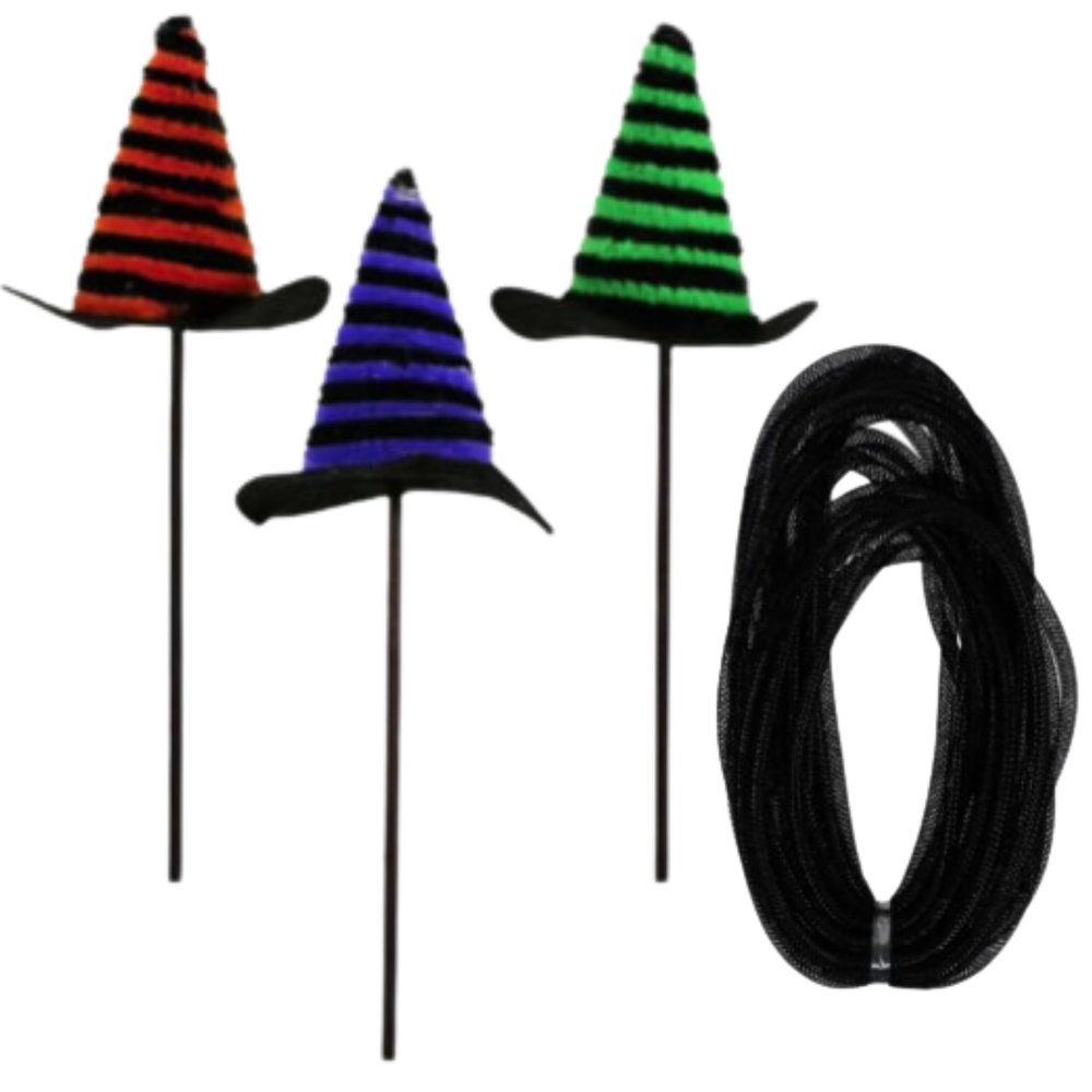 KRE Green, Orange, Purple Halloween Hat Picks 3 Counts and Black Decorative Mesh Tube 36 Feet for Halloween Flower Pot Wreath Fall Decoration Crafting DIY Arts Material Supplies Holiday Pack of 4