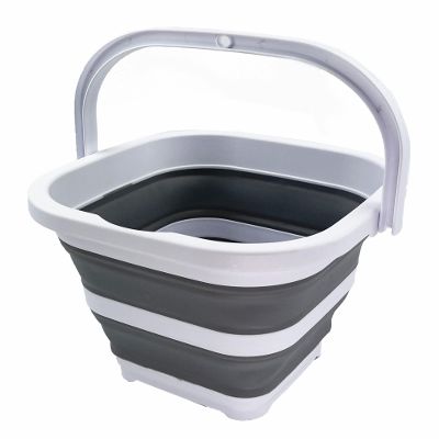 SAMMART Collapsible Rectangular Cleaning Bucket 5L (1.3 Gallon)- Foldable Camping Beach Sand Water Pot Pail- Portable Space Saving Tub for Household, Outdoor Car Washing (White/Grey)