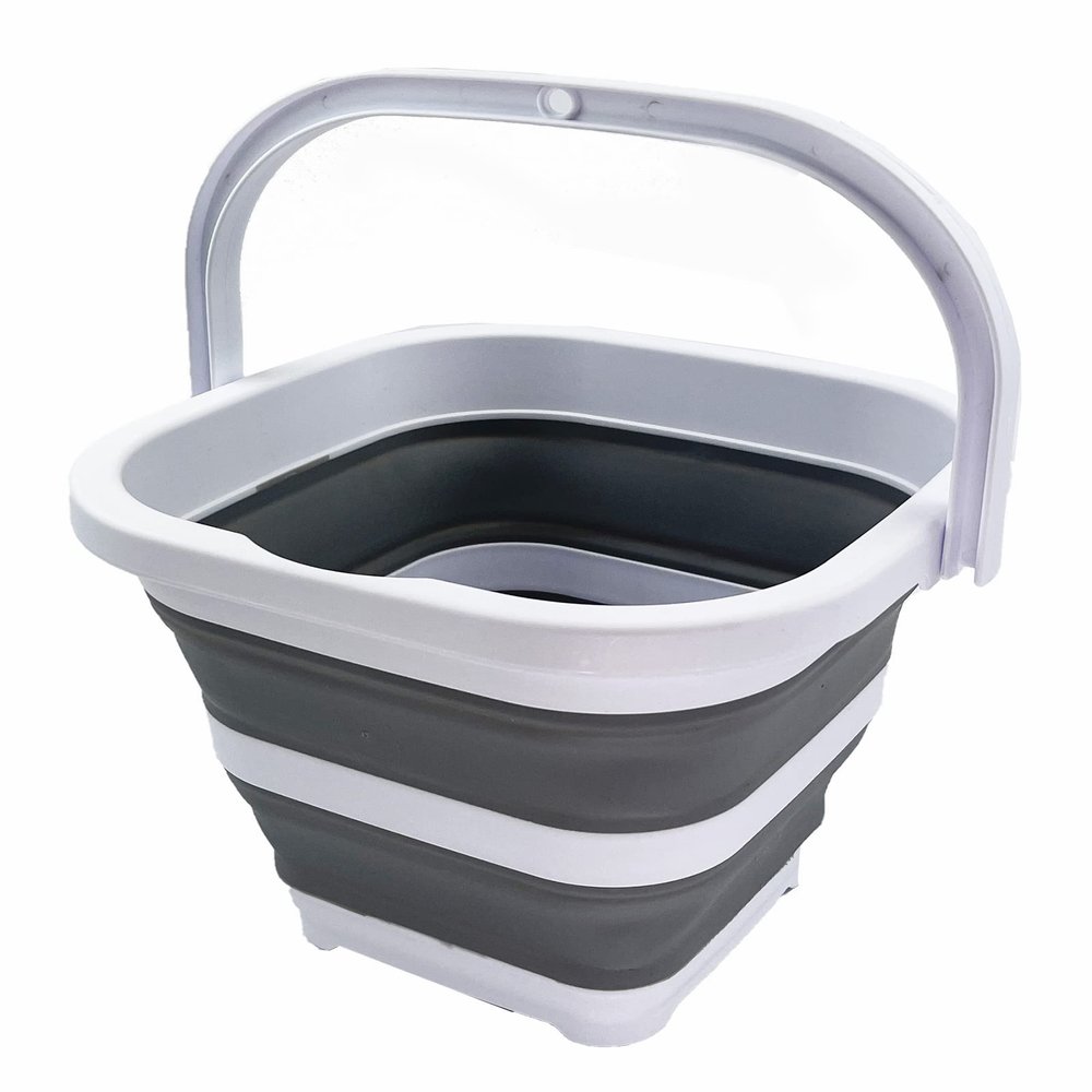 SAMMART Collapsible Rectangular Cleaning Bucket 5L (1.3 Gallon)- Foldable Camping Beach Sand Water Pot Pail- Portable Space Saving Tub for Household, Outdoor Car Washing (White/Grey)