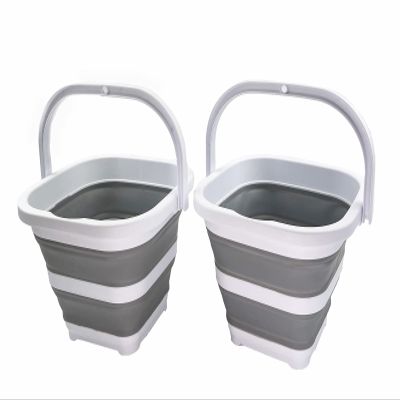 SAMMART Collapsible Rectangular Cleaning Bucket 5L (1.3 Gallon)- Foldable Camping Beach Sand Water Pot Pail- Portable Space Saving Tub for Household, Outdoor Car Washing (White/Grey (Set of 2))