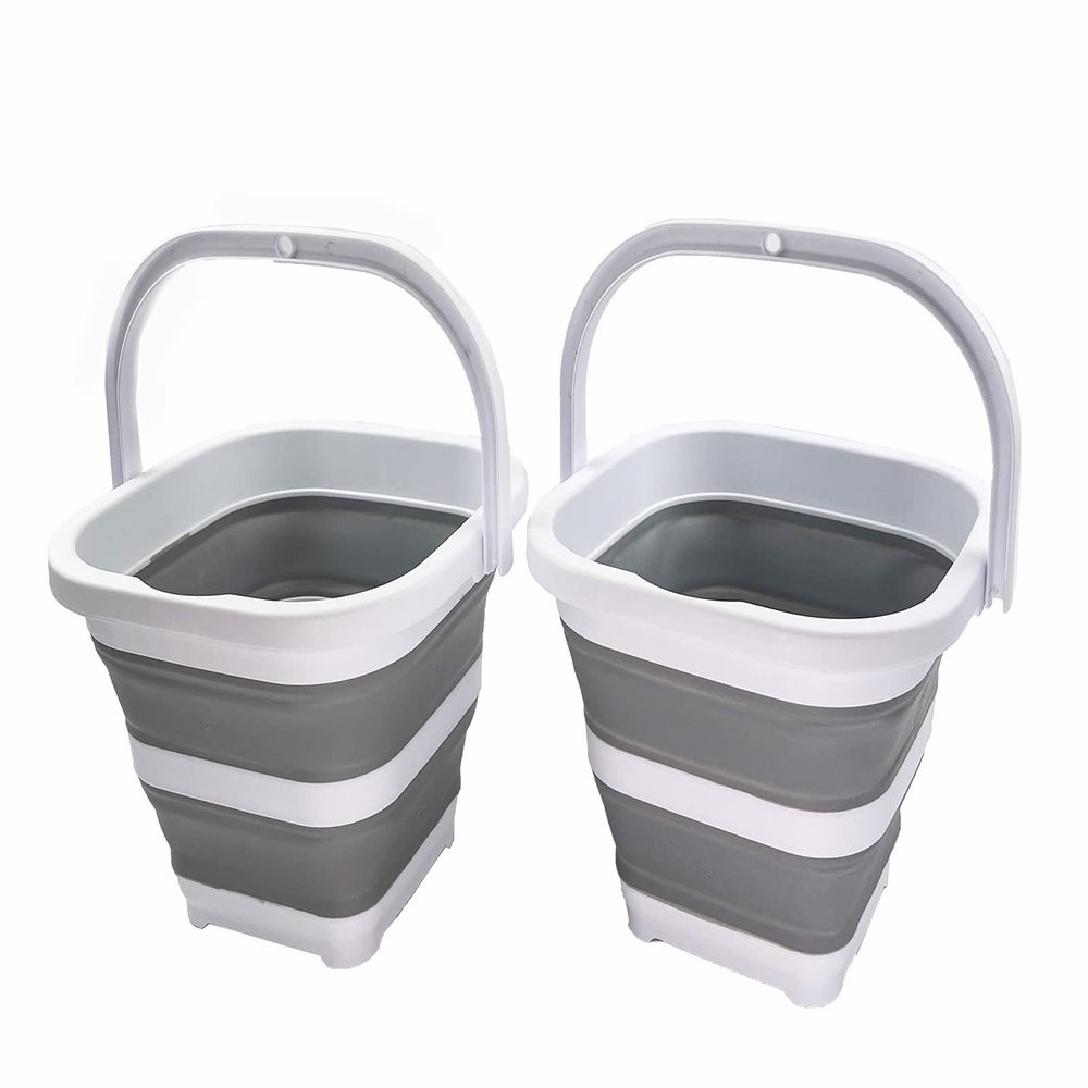SAMMART Collapsible Rectangular Cleaning Bucket 5L (1.3 Gallon)- Foldable Camping Beach Sand Water Pot Pail- Portable Space Saving Tub for Household, Outdoor Car Washing (White/Grey (Set of 2))