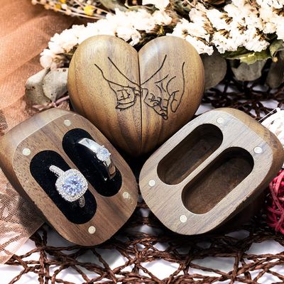 muchly Wooden Ring Box for Wedding Ceremony-Heart Shaped Ring Box- Solid Wood double ring bearer box-Engraved Vintage ring box (walnut)