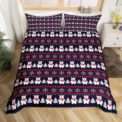 Christmas Bedding Set for Kids Boys Girls Polar Bear Christmas Tree Comforter Cover Set Exotic Ethnic Xmas Theme Duvet Cover Bedroom Decor Snowflake Bedspread Cover Full Size Bedding Collection 3Pcs