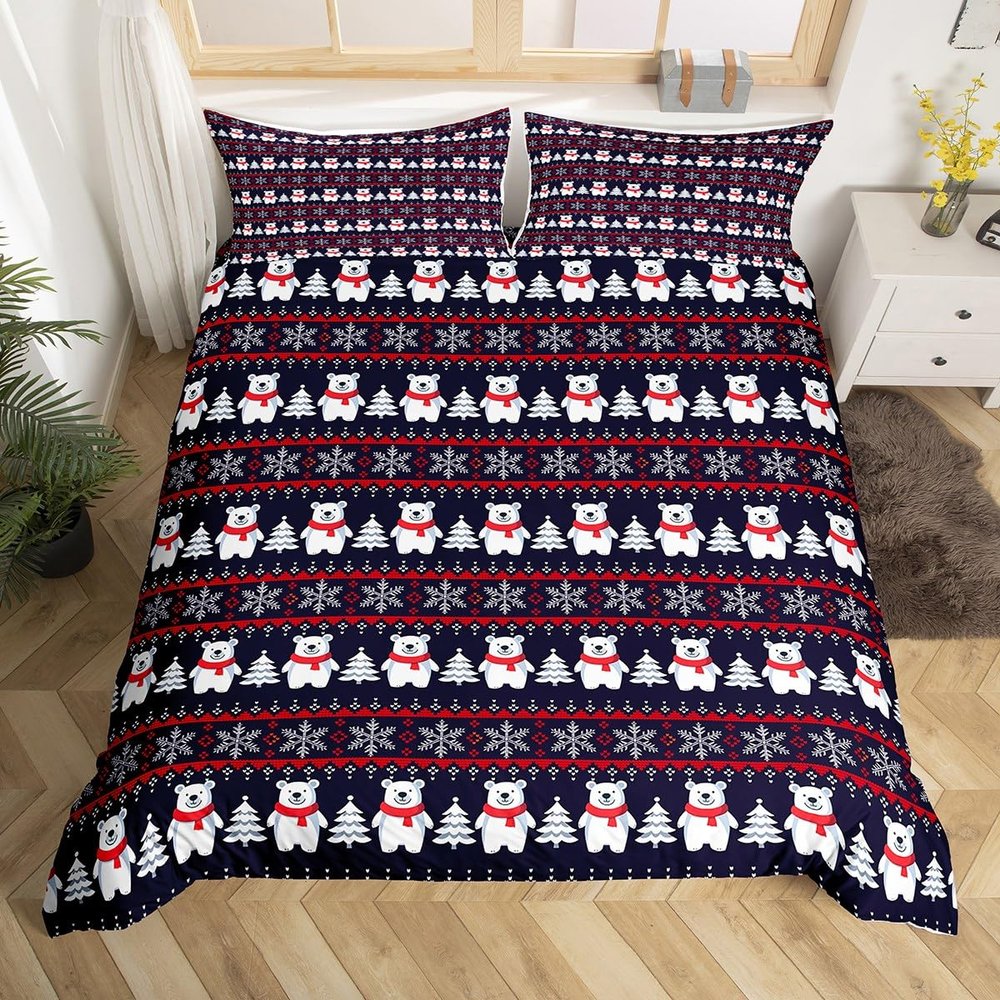Christmas Bedding Set for Kids Boys Girls Polar Bear Christmas Tree Comforter Cover Set Exotic Ethnic Xmas Theme Duvet Cover Bedroom Decor Snowflake Bedspread Cover Full Size Bedding Collection 3Pcs