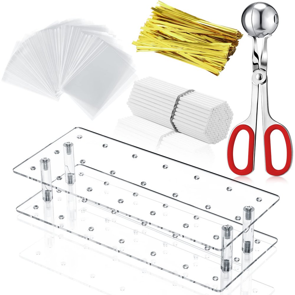 Yinkin Cake Pop Supplies and Decoration for Making Lollipops Including Acrylic Lollipop Pop Stand Holder Meat Baller 100 Pcs Sticks 100 Pcs Clear Treats Bag 100 Pcs Gold Metallic Twist Ties