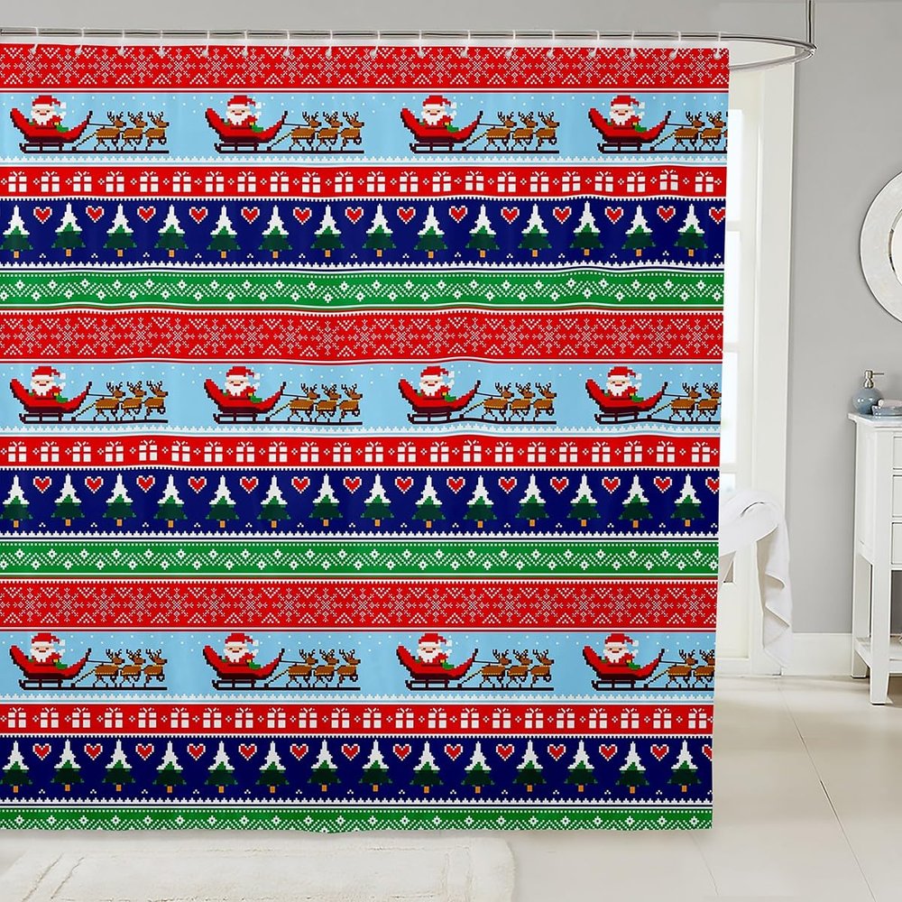 Feelyou Christmas Bath Curtain Cartoon Santa Claus Deer Shower Curtain for Kids Teens Christmas Tree Bathroom Shower Curtain Set Exotic Ethnic Pattern Kids Bathroom Accessories 72"x72"