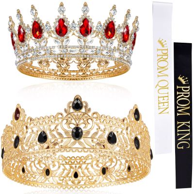 Juexica 4 Pieces Prom King and Queen Crowns Set with Sashes Valentine's Day Carnival Birthday Wedding Costume Accessories Gold King Crown for Men Women Prom(M,Red Diamond)