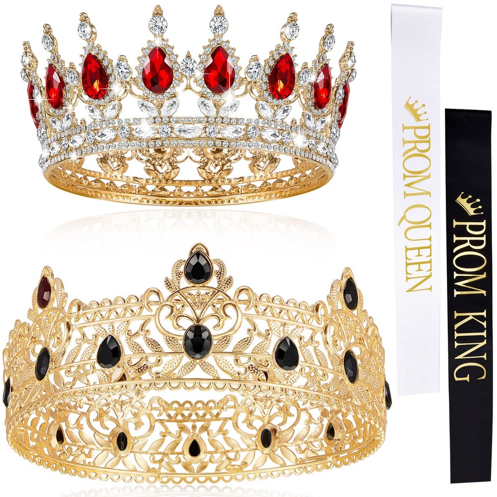 Juexica 4 Pieces Prom King and Queen Crowns Set with Sashes Valentine's Day Carnival Birthday Wedding Costume Accessories Gold King Crown for Men Women Prom(M,Red Diamond)