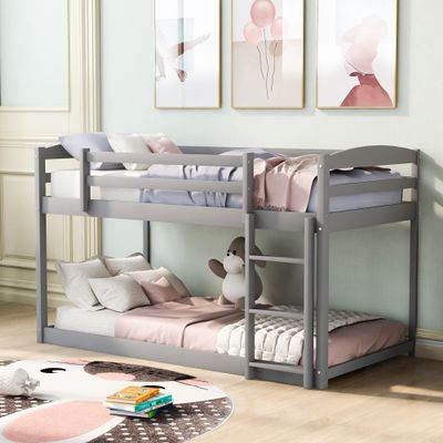 CNANXU Twin Over Twin Floor Low Bunk Bed with Safety Guardrail, Climbing Ladder, Easy to Assemble, Saving Space, Bed Bedroom Storage Guard Rail Ladder (Gray)