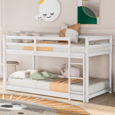 CNANXU Twin Over Twin Floor Low Bunk Bed with Safety Guardrail, Climbing Ladder, Easy to Assemble, Saving Space, Bed Bedroom Storage Guard Rail Ladder (White)