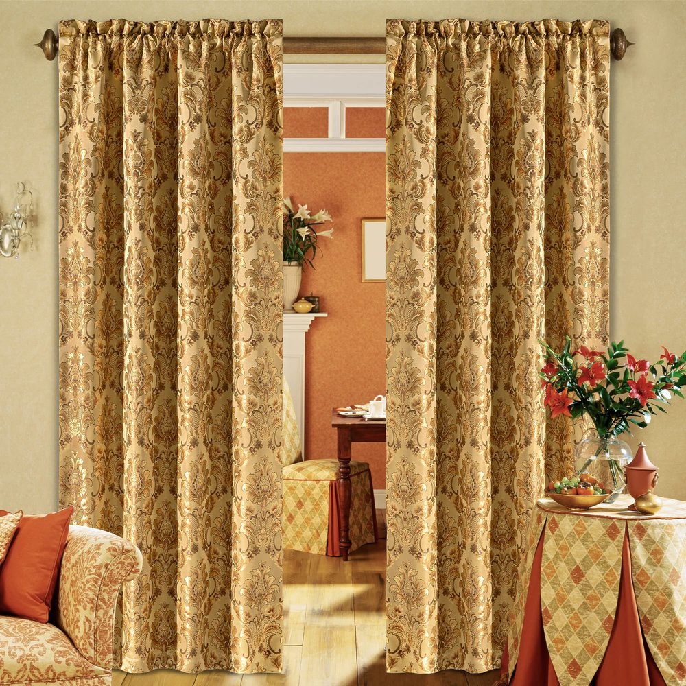 Loom and Mill Luxury Damask Curtains for Living Room, Golden Floral Thick Jacquard Window Treatment with Tiebacks for Bedroom Christmas Party Banquet Decorations (2 Panels, 52 x 84 Inch, Yellow)