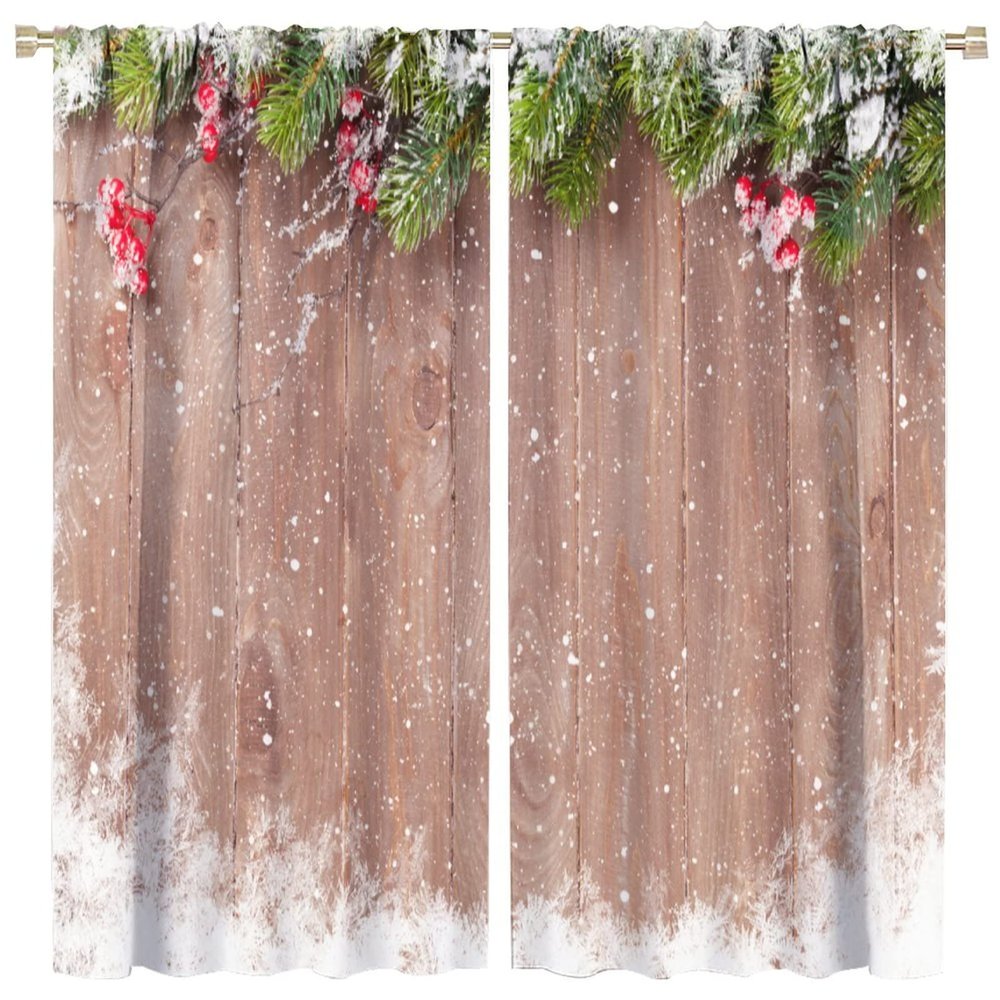 Christmas Curtains,Christmas Wooden Background with Snow Fir Tree Blackout Room Curtainsfor Living Room Bedroom Or Office Curtains Window Curtain 2 Panels 52x84in
