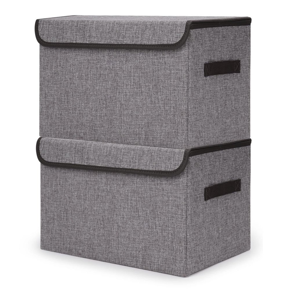 Bagnizer Large 42 Quarts Fabric Storage Bins with Lids [2-Pack] Linen Collapsible Foldable Storage Cubes, Closet Organizer Containers boxes with Handles for Home Office (16.7 x 12 x 12, Gray)