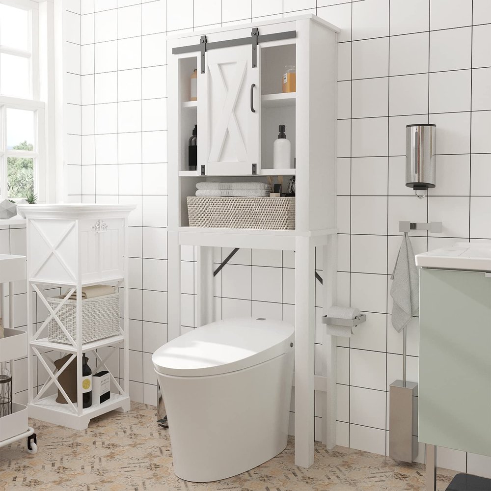 SOSPIRO Farmhouse Over The Toilet Storage with Sliding Barn Door, Freestanding Bathroom Over The Toilet Organizer Above Toilet Storage Cabinet with Adjustable Shelf, Tall Bathroom Space Saver, White1