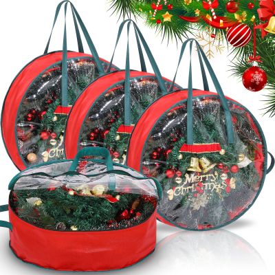 Shappy 4 Pcs Christmas Wreath Storage Bag Wreath Storage Container with Clear Window Plaid Box with Handles for Storing Garland Holiday Wrapping(Red,30 x 7 Inch)