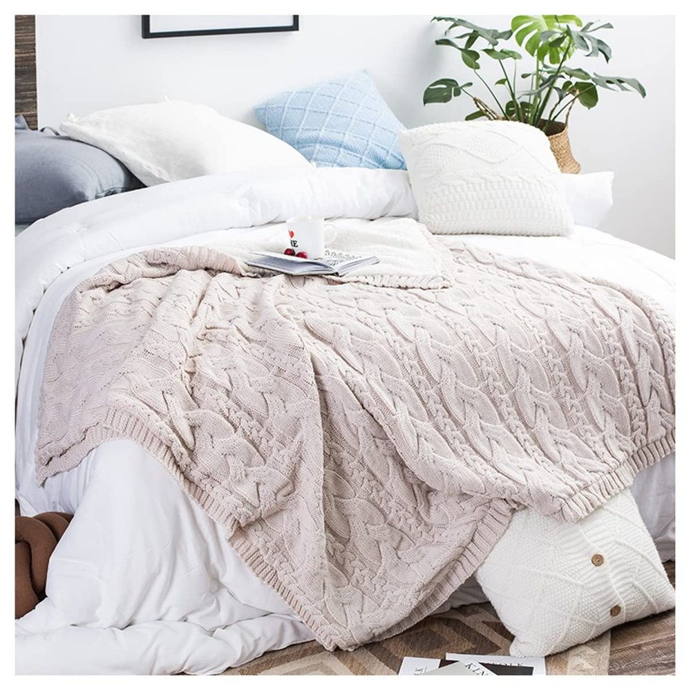 Bannr Blanket Queen Size Winter Warm Soft Blankets, Wearable Knitted Fleece Blanket Travel Pillows (Color : Beige, Size : 130x160cm)